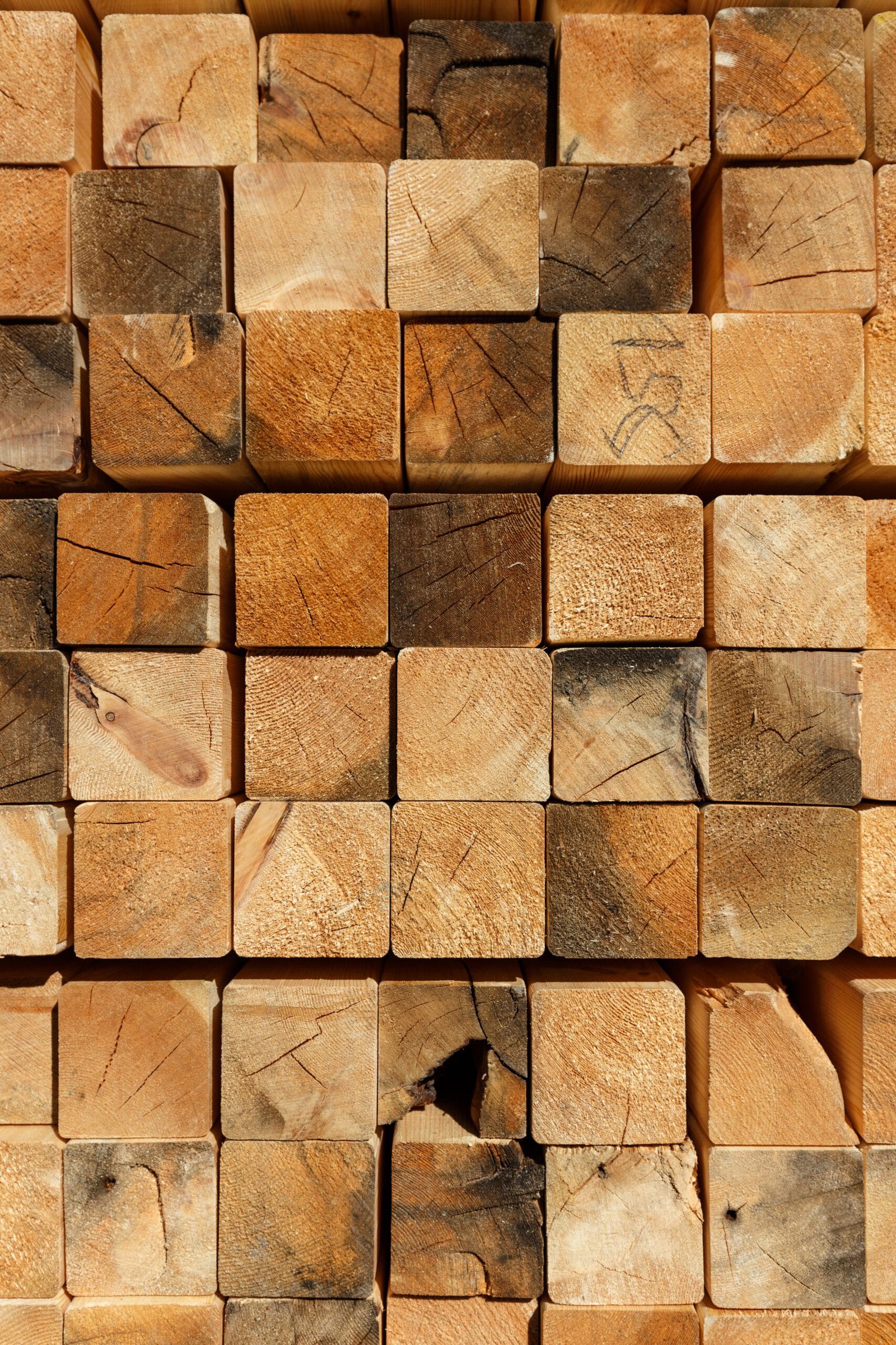close up photo of stack wood beams in the factory